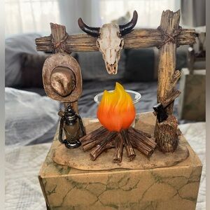 Rustic Western Campfire Tealight Candle Holder Longhorn Skull Cowboy Cabin